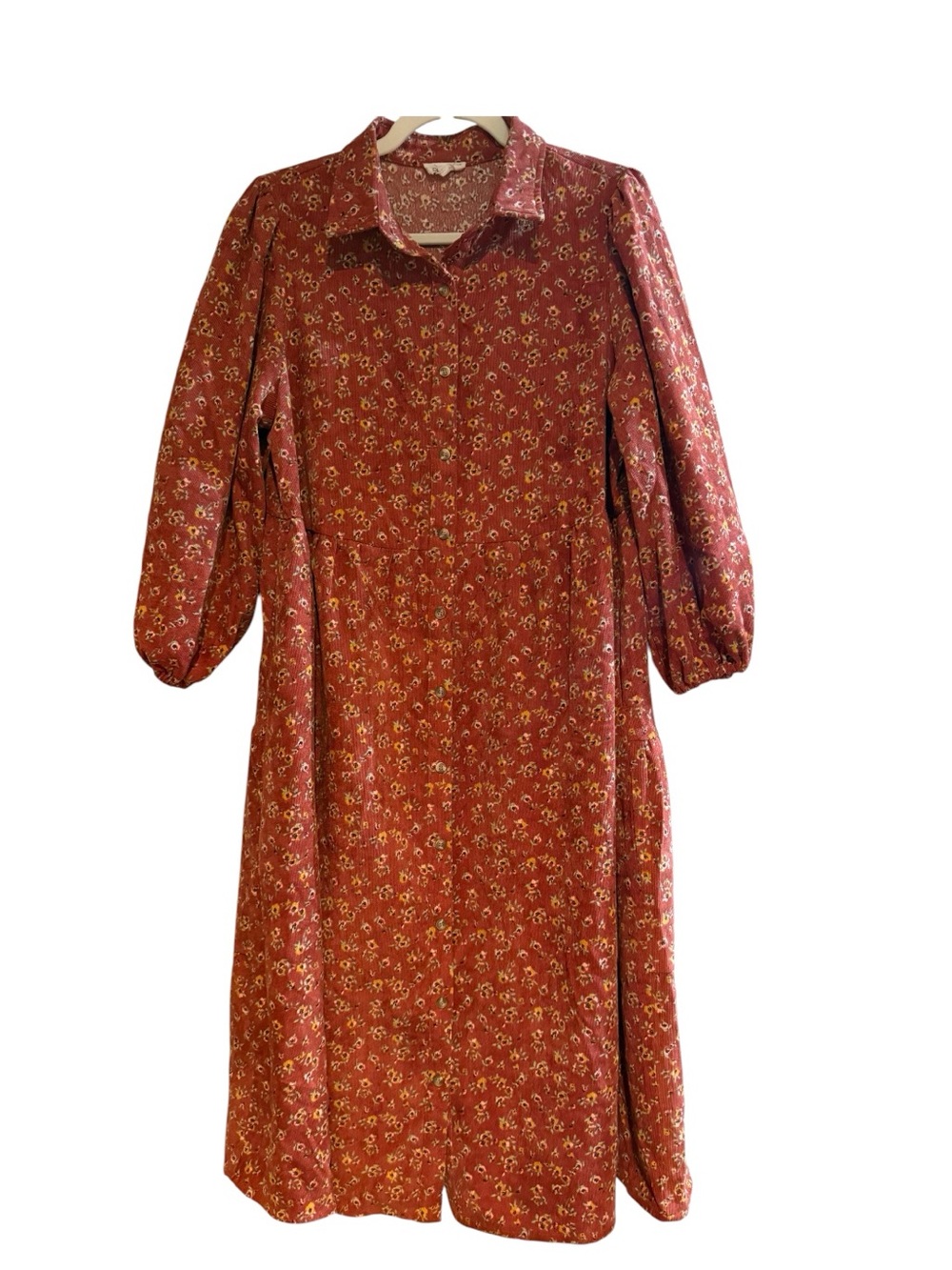 Roolee L Rust Ditsy Floral Button Front Tiered Midi Dress Cottagecore